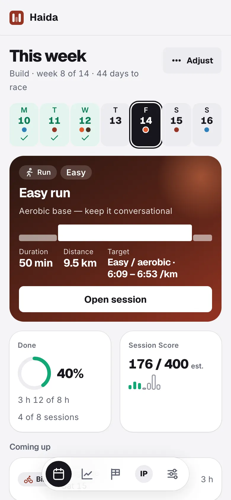 The This week screen: the days of the week, today's easy run with its purpose and pace target, and how much of the week is done.