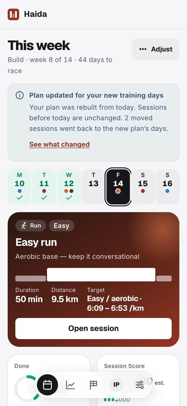 The This week screen with a Plan updated entry: the plan was rebuilt for new training days, and the reason is listed.
